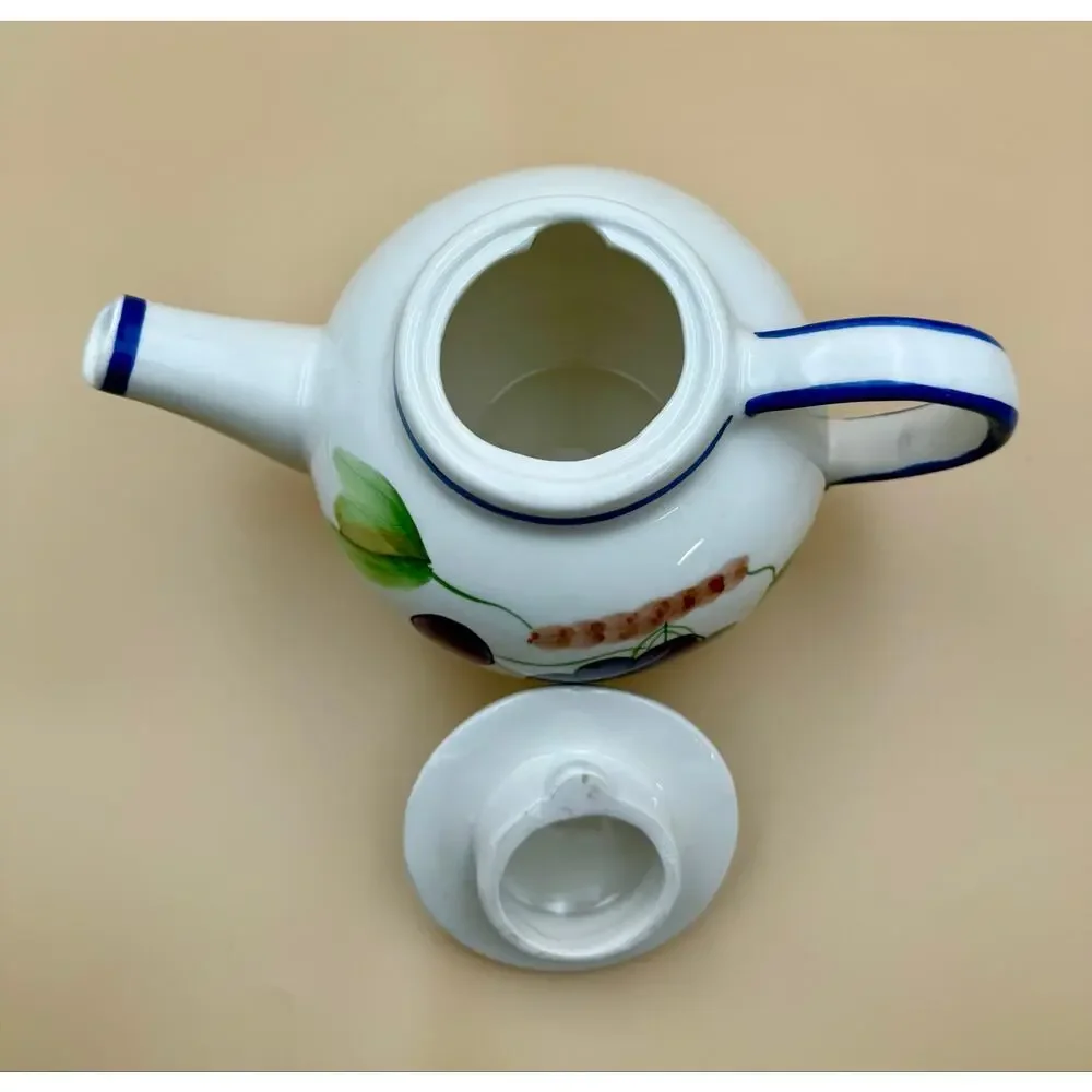 Vintage CBK Ltd China Porcelain Teapot Hand Painted Grapes Blue Trim Cottagecore